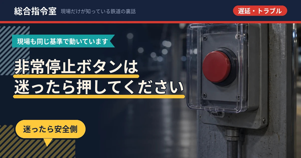 夜のホームの柱に取り付けられた、透明カバー付きの赤い押しボタンの写真。「非常停止ボタンは迷ったら押してください」という文字が載っている。