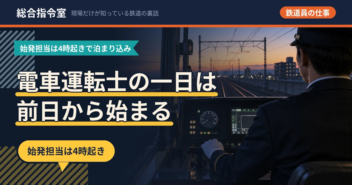 早朝の運転席で始発列車の乗務に就く電車運転士を後ろから写した、記事のアイキャッチ画像。