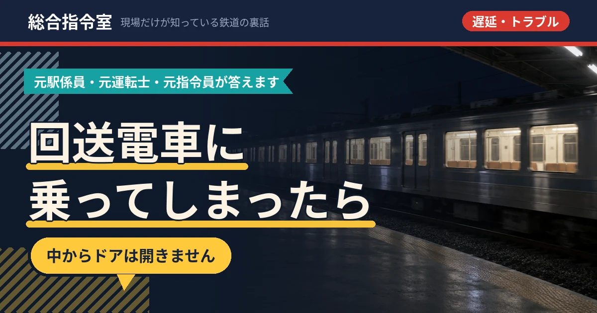 夜の駅のホームに、誰も乗っていない電車が止まっている写真。車内の照明だけが明るく、ホームにも人がいない。そこに「回送電車に乗ってしまったら」「中からドアは開きません」という文字を載せたアイキャッチ画像
