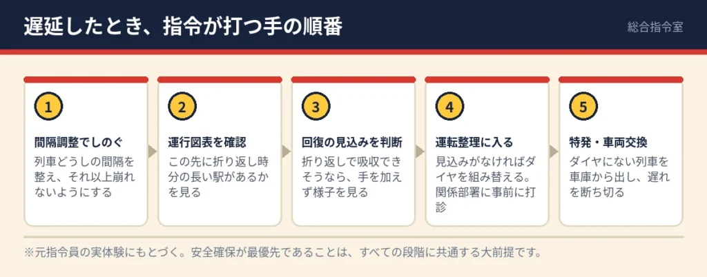電車が遅延したときに指令員が打つ手を順番に示した図。間隔調整、運行図表の確認、回復見込みの判断、運転整理、特発と車両交換の順に進む。
