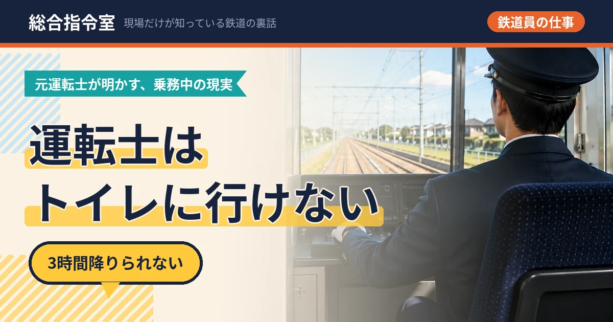 走行中の運転席で前方を見つめる電車運転士を後ろから写した、記事のアイキャッチ画像。
