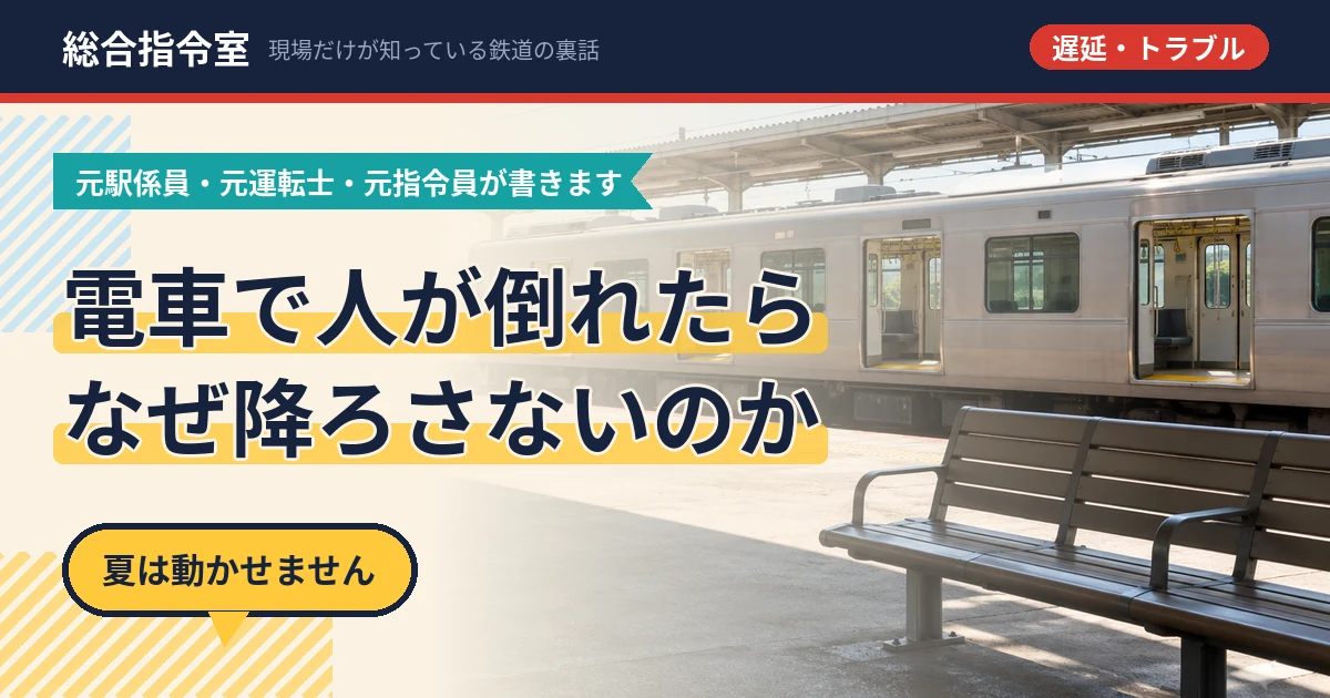 真夏の日差しが照りつける駅のホームに、ドアを開けたまま電車が止まっている写真。手前に誰も座っていないベンチがある。人はいない。そこに「電車で人が倒れたらなぜ降ろさないのか」「夏は動かせません」という文字を載せたアイキャッチ画像