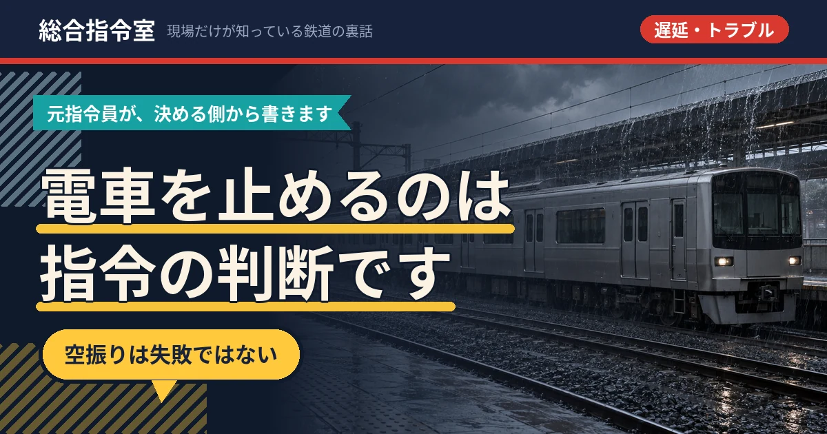 強い雨が斜めに降る駅のホームに、電車が1本止まっている写真。ホームの屋根から水が落ち、線路が濡れて光っている。人はいない。そこに「電車を止めるのは指令の判断です」「空振りは失敗ではない」という文字を載せたアイキャッチ画像