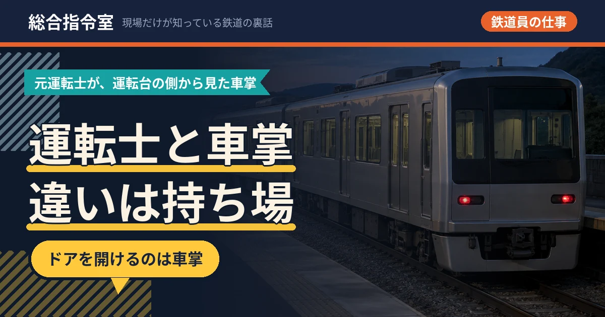 夕暮れのホームに停車している通勤電車を後ろから写した写真に「運転士と車掌 違いは持ち場」という文字を載せたアイキャッチ画像