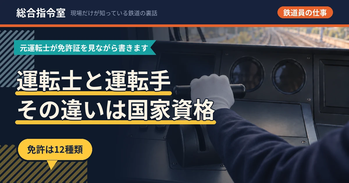 白手袋をはめた手が電車のマスコンを握っている写真。「運転士と運転手 その違いは国家資格」という文字が載っている。